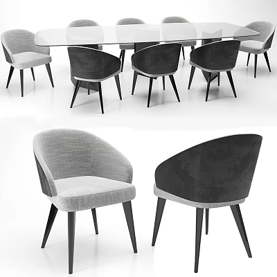Modern Dining Table Set With Glass Top Gray Black Curved Back Chairs And Black Legs 3d model