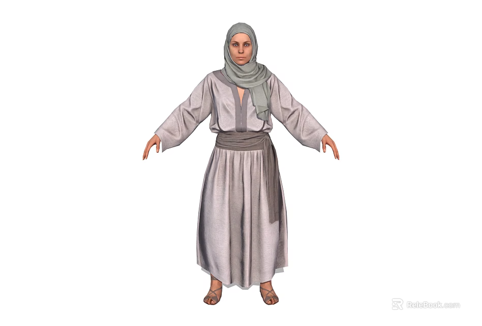 Woman Standing in Traditional Robe with Headscarf Belt and Bare Feet 3d model 