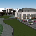 Modern Sales Office Building with Brown Roof Structure and Courtyard Design in Urban Context