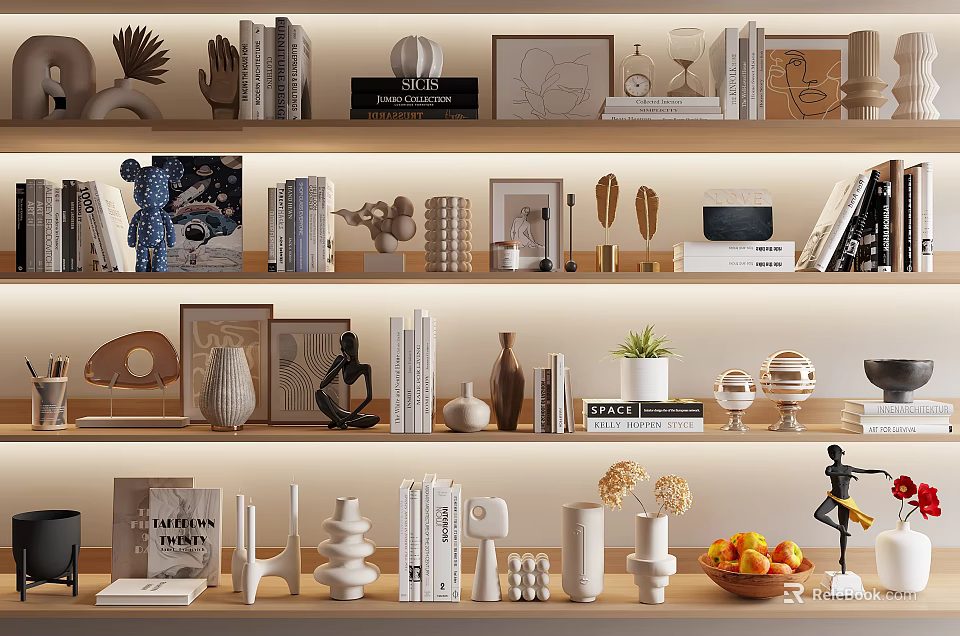 Decorative Ornament Set on Multi Layered Shelf with Books Sculptures Vases and Photo Frames 3d model 