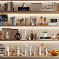 Decorative Ornament Set on Multi Layered Shelf with Books Sculptures Vases and Photo Frames