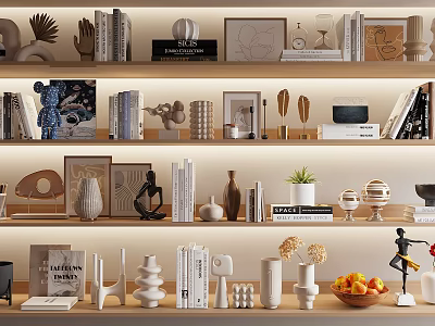 Decorative Ornament Set on Multi Layered Shelf with Books Sculptures Vases and Photo Frames 3d model