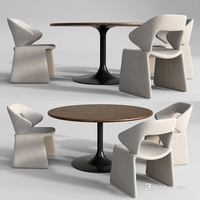 Modern Round Dining Table Set With Wooden Top Black Base And Light Gray Minimalist Chairs 3d model 