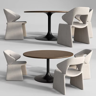 Modern Round Dining Table Set With Wooden Top Black Base And Light Gray Minimalist Chairs 3d model