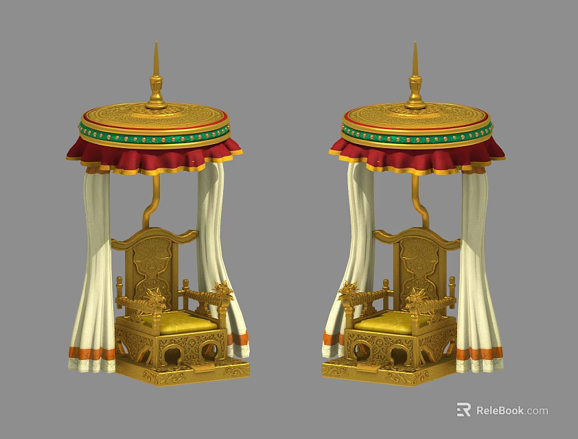 Ornate Golden Canopied Leisure Chairs With Red Green Trim And Elegant Design 3d model 