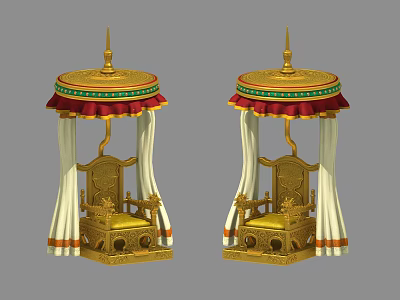 Ornate Golden Canopied Leisure Chairs With Red Green Trim And Elegant Design 3d model