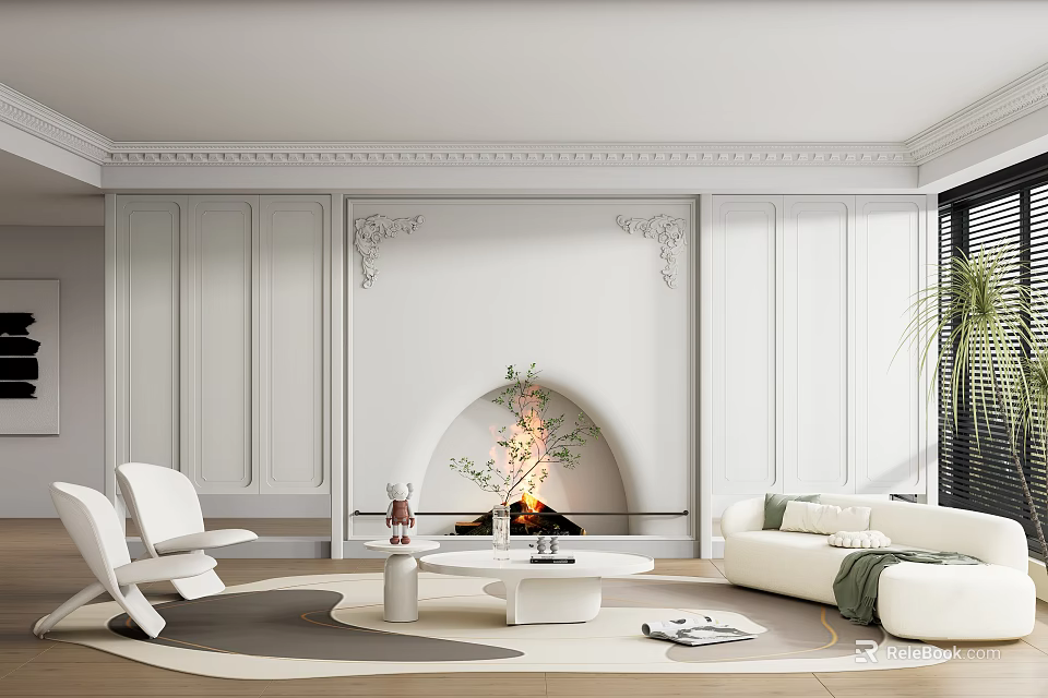Elegant Modern Living Room With Arched Fireplace Decorative Walls And White Furniture 3d model 