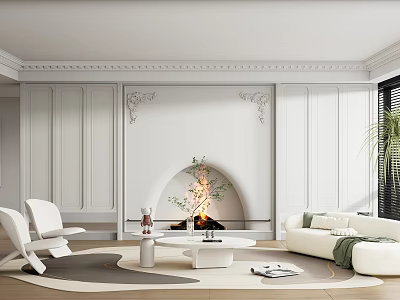 Elegant Modern Living Room With Arched Fireplace Decorative Walls And White Furniture 3d model