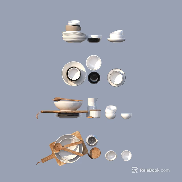 Assorted White Ceramic Dinnerware Set With Plates Bowls Cups And Wooden Utensils 3d model 