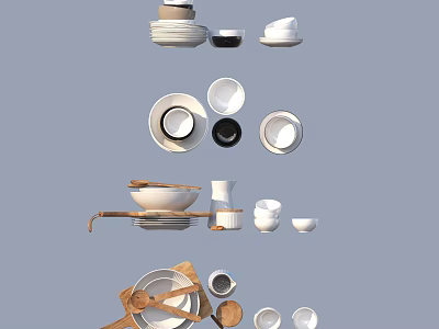 Assorted White Ceramic Dinnerware Set With Plates Bowls Cups And Wooden Utensils 3d model