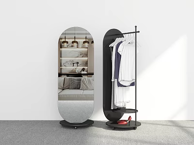 Modern Oval Mirror And Black Clothes Rack With Hanging Clothes And Red Shoes 3d model