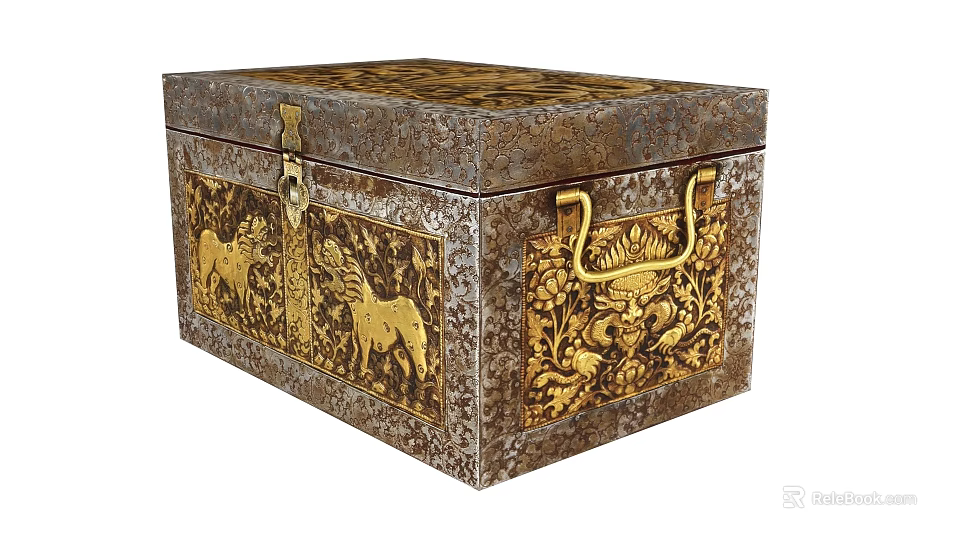 Vintage Metal Decorative Box With Golden Animal Motifs And Floral Patterns 3d model 