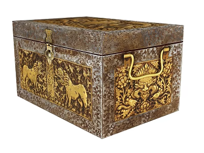 Vintage Metal Decorative Box With Golden Animal Motifs And Floral Patterns 3d model