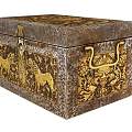 Vintage Metal Decorative Box With Golden Animal Motifs And Floral Patterns