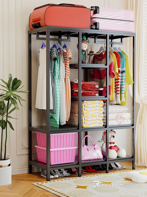 Clothing Rack With Hanging Clothes And Storage Items 3d model