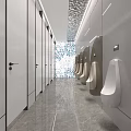 Modern Public Restroom With Mirrored Walls Long Marble Counter Light Strips And Gray Floor Tiles
