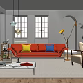 Modern Living Room Interior With Orange Sofa Armchair Pendant Lights And Area Rug