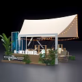Outdoor Tent Setup With String Lights Dining Table Chairs and Greenery Decoration 3d model