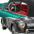 Vintage White Convertible Sports Car with Black Soft Top Red Interior Multiple Views