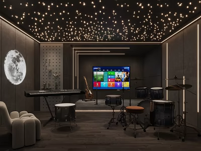 Starry Ceiling Home Theater Room Interior With Moon Decoration Large Screen TV And Musical Instruments 3d model