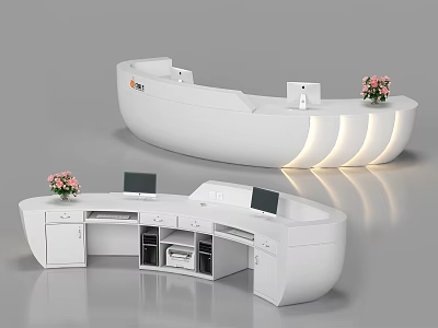 Modern White Curved Reception Desk With Computer Monitors And Flower Vases 3d model