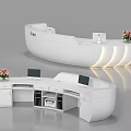 Modern White Curved Reception Desk With Computer Monitors And Flower Vases 3d model