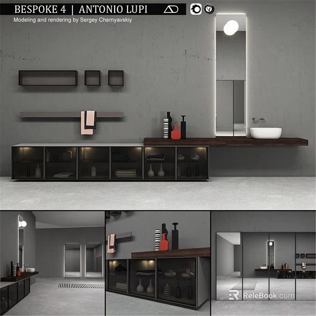 Modern Bathroom Interior With Wooden Counter Washbasin Mirror And Glass Cabinets 3d model 