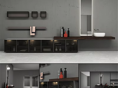 Modern Bathroom Interior With Wooden Counter Washbasin Mirror And Glass Cabinets 3d model