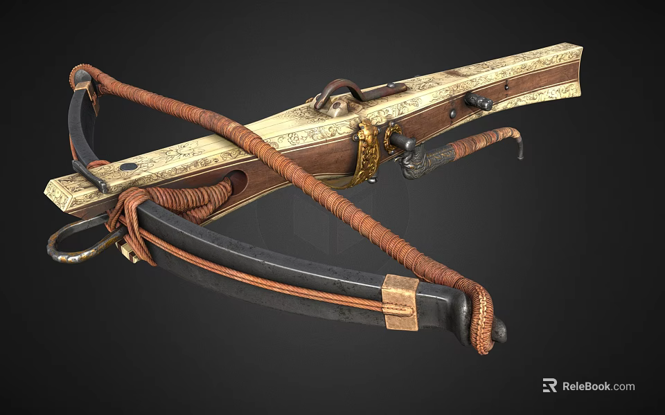 Ancient Weapon Traditional Bow With Leather Strap Decorative Case And Golden Accents 3d model 