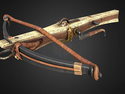 Ancient Weapon Traditional Bow With Leather Strap Decorative Case And Golden Accents 3d model