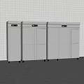 Three Silver Double Door Stainless Steel Refrigerators Freezers Against White Tiled Wall On Gray Floor