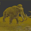 Realistic Mammoth Sculpture Standing On Grass With Long Curved Tusks And Furry Body