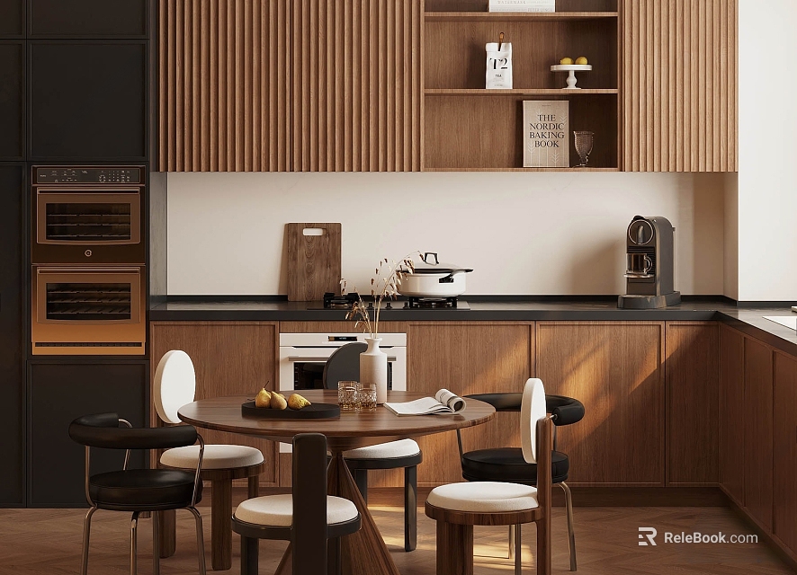 Modern Kitchen Interior With Wooden Cabinets Island Counter And Dining Chairs 3d model 