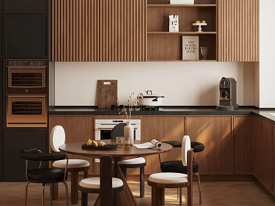 Modern Kitchen Interior With Wooden Cabinets Island Counter And Dining Chairs 3d model