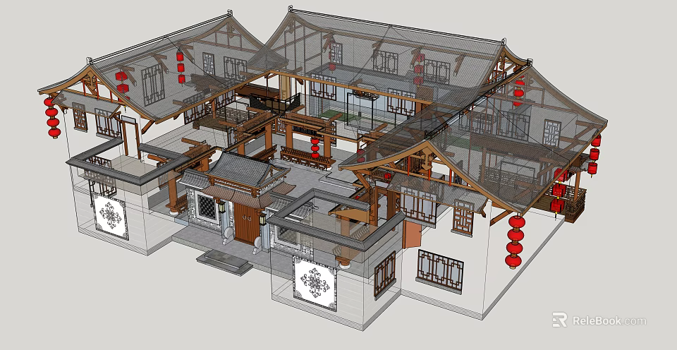 Ancient Chinese Architectural Courtyard With Wooden Frames Red Lanterns And Eaves 3d model