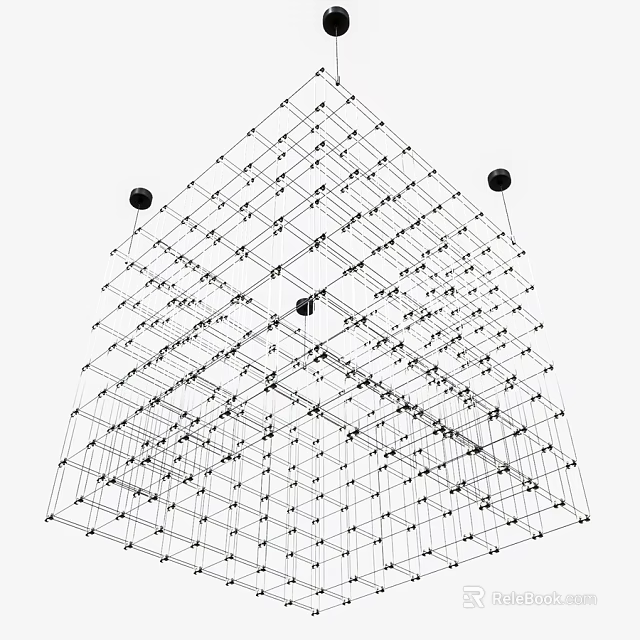 Geometric Chandelier Design with Interconnected Grid Lines and Black Spherical Bulbs 3d model 