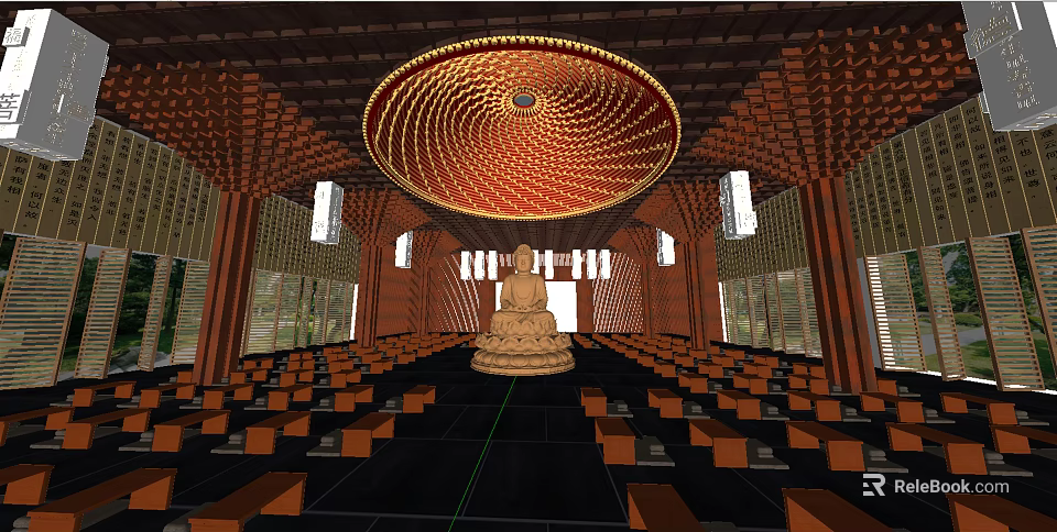 Buddhist Temple Interior Featuring Large Buddha Statue Ornate Circular Ceiling And Wooden Seats 3d model 