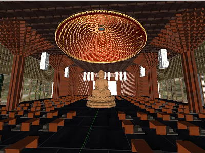 Buddhist Temple Interior Featuring Large Buddha Statue Ornate Circular Ceiling And Wooden Seats 3d model