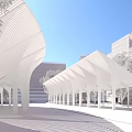 Outdoor Double Row Wooden Curved Pergola with Trees and Modern Building Background