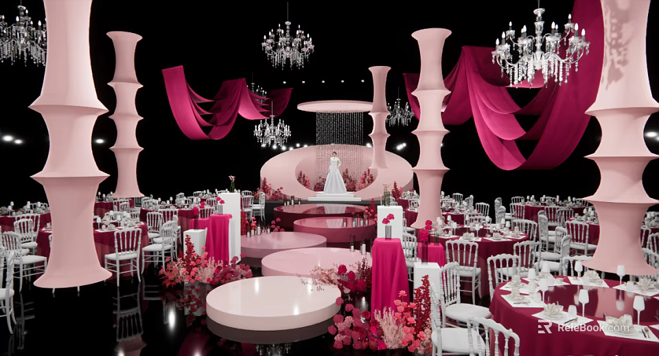 Elegant Pink Banquet Hall With Chandeliers Bride On Round Stage Dining Tables And Flower Decorations 3d model 