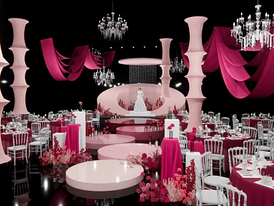 Elegant Pink Banquet Hall With Chandeliers Bride On Round Stage Dining Tables And Flower Decorations 3d model