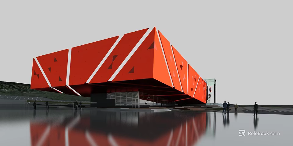 Striking Modern Orange Geometric Museum Building Exterior With White Lines And Water Reflection 3d model 
