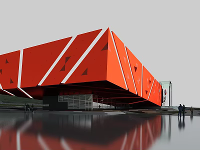 Striking Modern Orange Geometric Museum Building Exterior With White Lines And Water Reflection 3d model