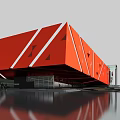 Striking Modern Orange Geometric Museum Building Exterior With White Lines And Water Reflection