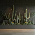 Multiple Bonsai Potted Cactus Plants In Gray Planter With Dark Wall Background And Wooden Floor