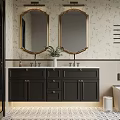 Black Bathroom Vanity With Double Gold Framed Mirrors Floral Wallpaper Marble Countertop And Sinks