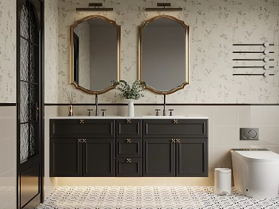 Black Bathroom Vanity With Double Gold Framed Mirrors Floral Wallpaper Marble Countertop And Sinks 3d model