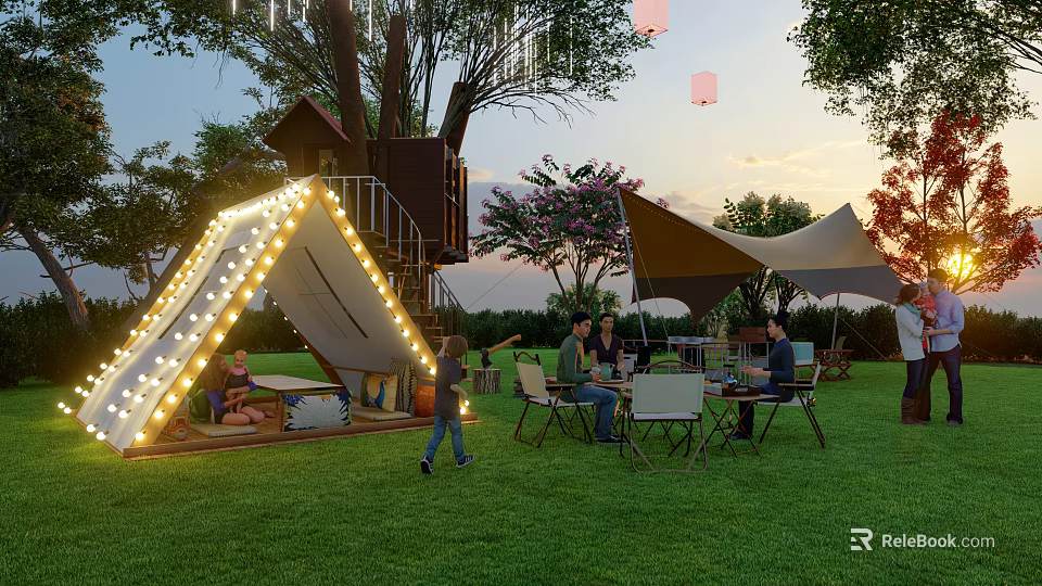 Garden Landscape with Treehouse Illuminated Slide Lawn People Gathering Canopies and Lanterns at Sunset 3d model 