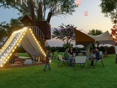 Garden Landscape with Treehouse Illuminated Slide Lawn People Gathering Canopies and Lanterns at Sunset 3d model