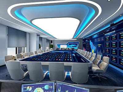 High Tech Conference Room With Large Digital Screens Modern Table Chairs And LED Lighting 3d model